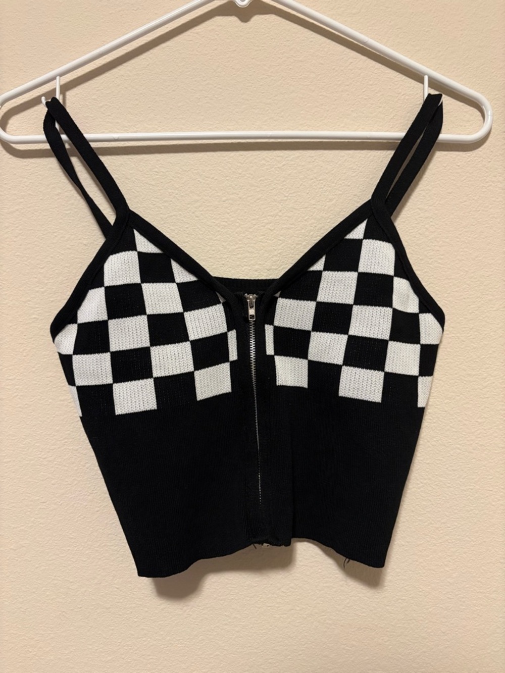 Black & White Checkered Zip-Front Women's Crop Top
